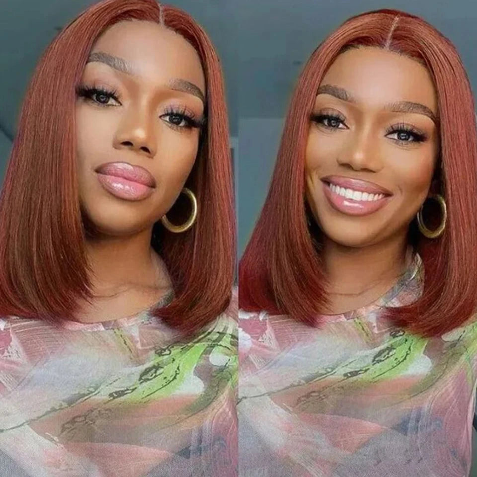Rebecca short brown human hair bob wig with reddish tones, lace front, 13x6 inch T-part, straight Peruvian style for women.