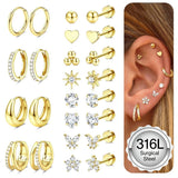 Drperfect 1Pair Flat Back Earrings for Women Surgical Steel Earrings for Sensitive Ears Hoop Stud Cartilage Tragus Piercings