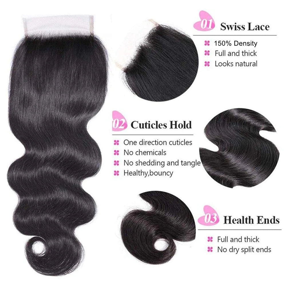 UNice Hair Body Wave Human Hair Bundles 2/3/4 PCS With 1PC Free Part 4x4 Lace Closure or 13x4 Lace Frontal