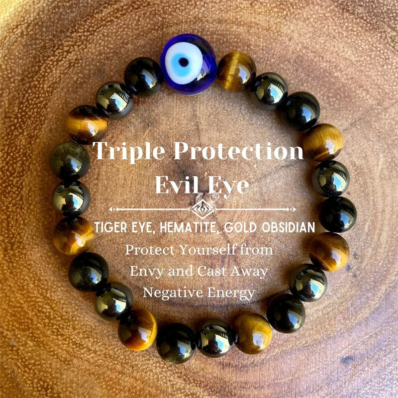 Triple Protection Bracelet, Blue Tigers Eye Black Bile Obsidian Evil Eye Beaded Bracelet, Handmade Stretch Beaded Bracelets