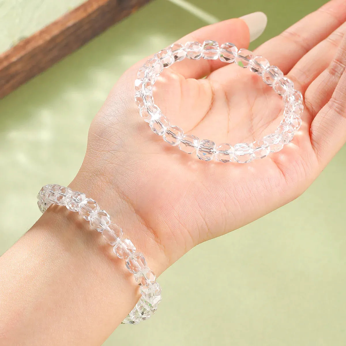 JD 7A Natural White Crystal Quartz Faceted 7mm Sugar Cube Bracelet Elastic Wristband Lucky Amulet Jewelry Gift