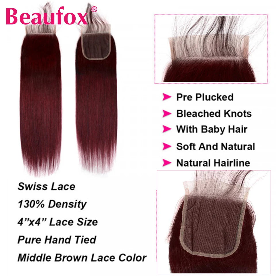 Beaufox Straight Human Hair Bundles With Closure Colored Burgundy Red 3/4 Bundles With Lace Closure 99j Brazilian Hair Bundles