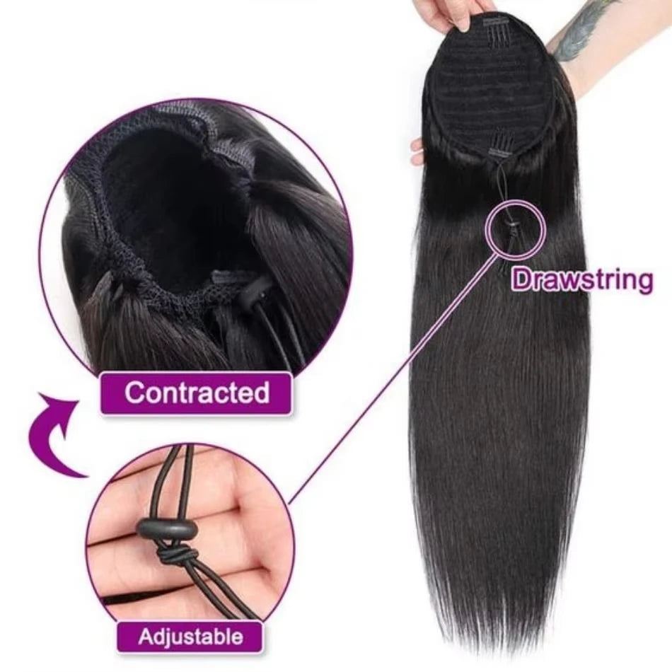 HSF Marketplace human hair drawstring ponytail extension, natural silky straight clip-in Remy hairpiece for women