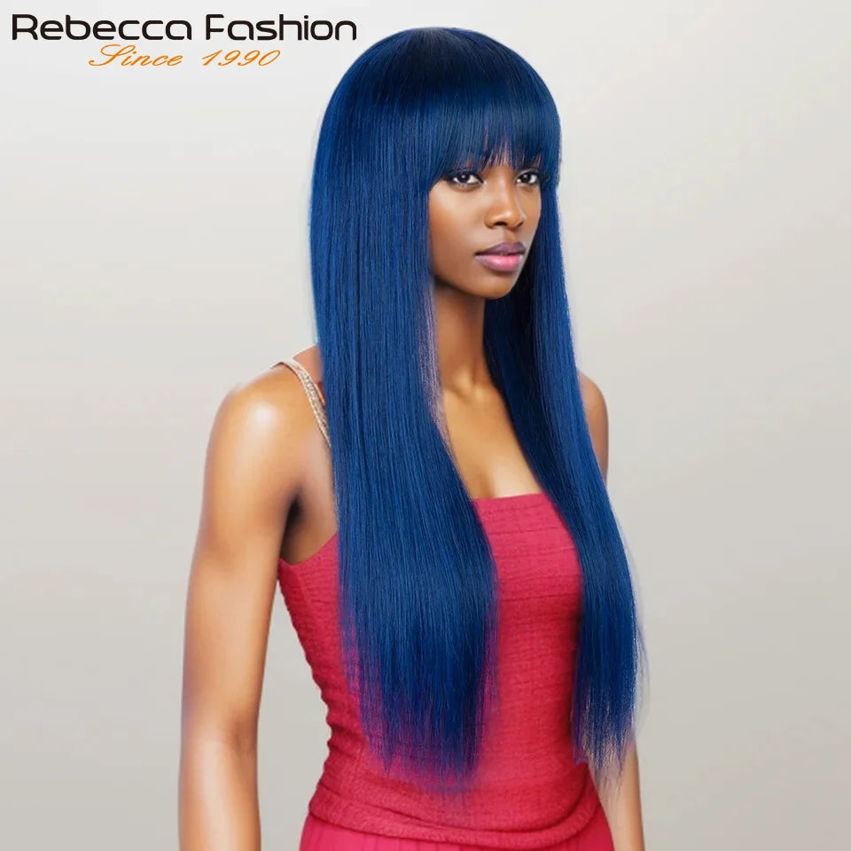 Dirty pink straight human hair wig with bangs, full machine-made wig for women, featuring a sleek straight style.