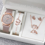 6PCS/Set Fashion Frosted Dial Women's Quartz Watch Leather Band Wrist Watches Heart Jewelry Set（Without Box）