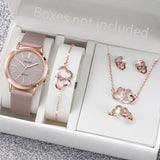 6PCS/Set Fashion Frosted Dial Women's Quartz Watch Leather Band Wrist Watches Heart Jewelry Set（Without Box）