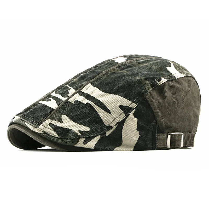 Women's camouflage cotton newsboy flat peaked cap, painter beret hat by HSF Marketplace