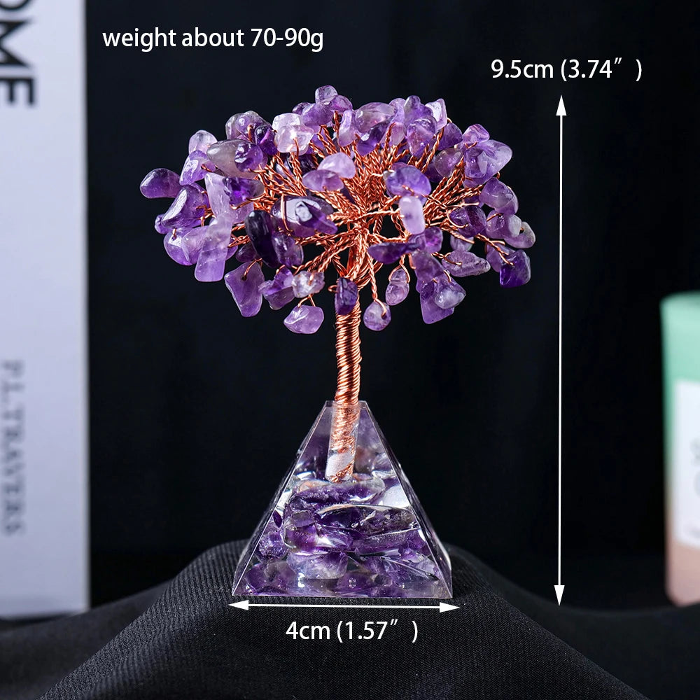 1pc Natural Crystal Tree Ornament Resin Pyramid Base Crystal Crushed Stone Fortune Tree Home Office Decoration Holiday Gift