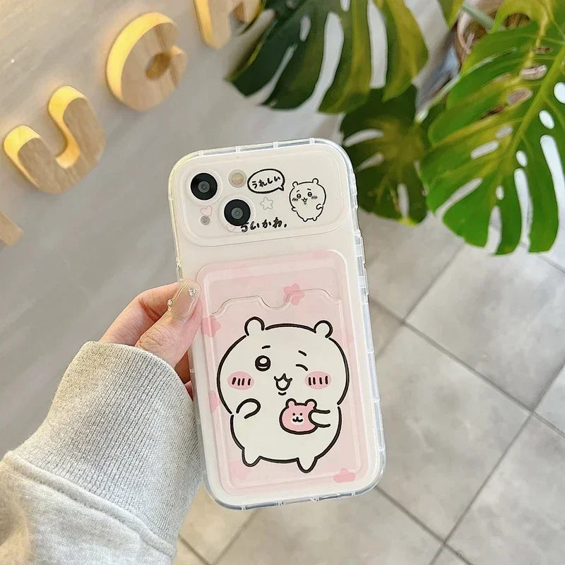 Cute cartoon anime Chiikawa card wallet case for iPhone 11–16, HSF phone case with card slot