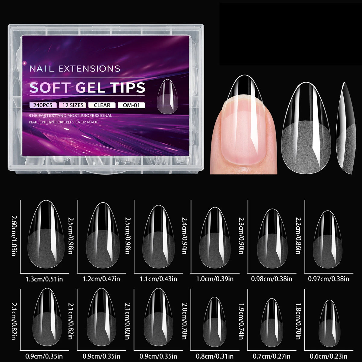 Short almond soft gel nail tips, full cover false nails for acrylic and press-on manicures, 100/320/600 pieces