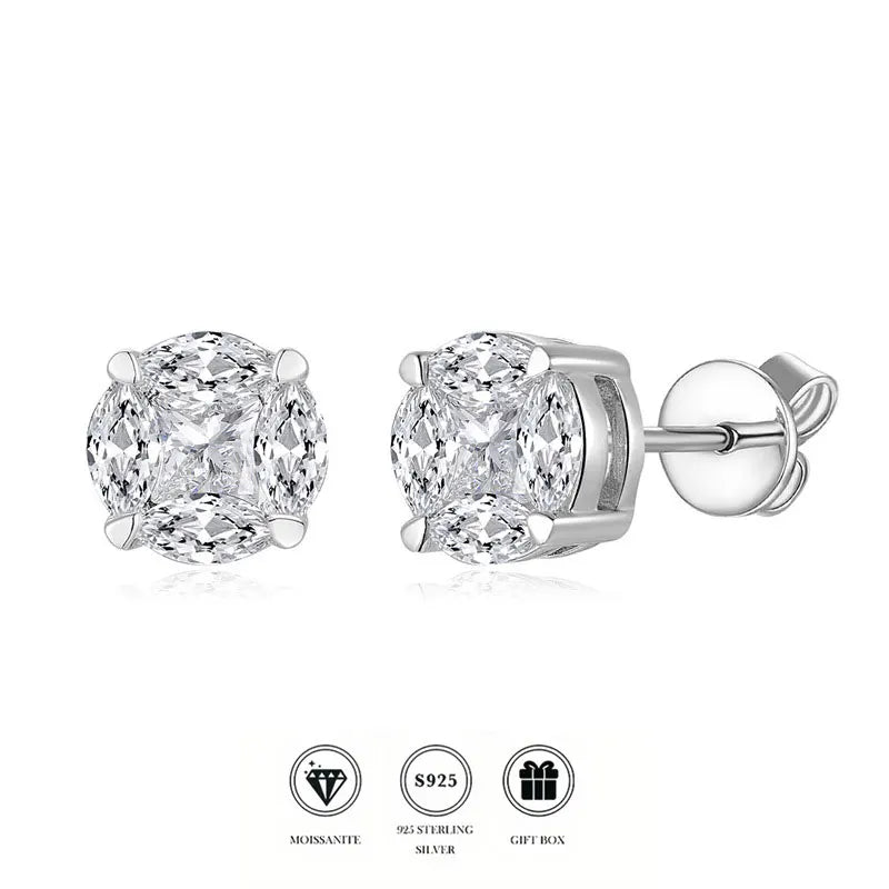 Moissanite stud earrings in rhodium-plated S925 silver, 8mm round design for women
