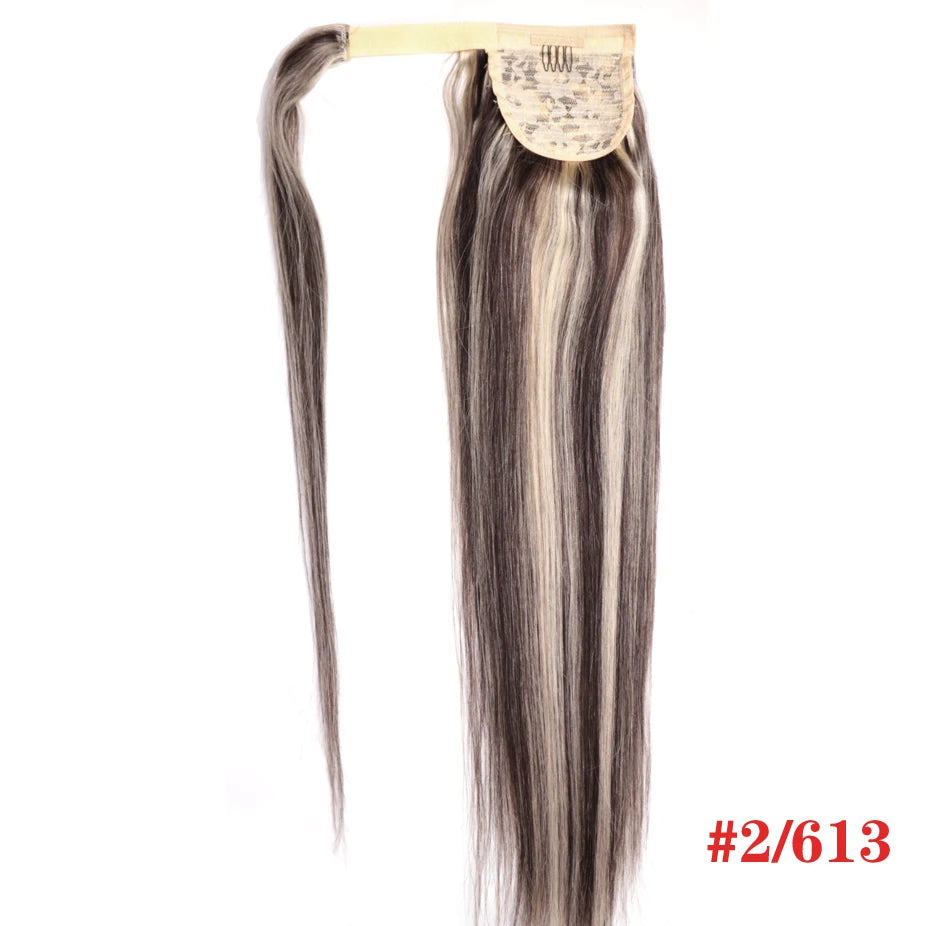 ZZHAIR 100% human hair straight wrap-around ponytail extension, machine-made Remy clip-in, 16–28 inches