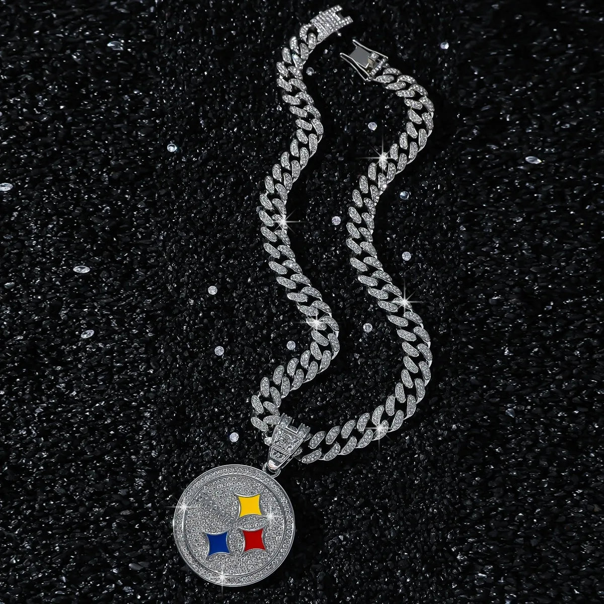 Men's hip hop style personalized disc logo pendant, creative jewelry necklace with chain and unique design.