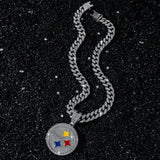 Men's hip hop style personalized disc logo pendant, creative jewelry necklace with chain and unique design.