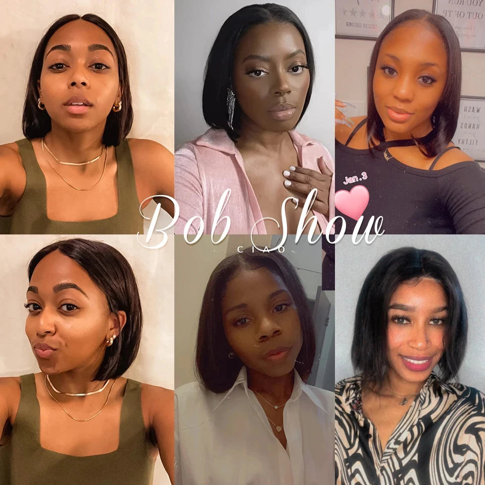 Brazilian straight lace bob wig by HSF Marketplace with dark human hair, lace part, 180% density, natural Remy black hair.