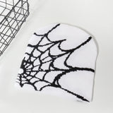 Autumn unisex spiderweb knitted beanie hat, Y2K punk skull cap for women and men in black and white pattern