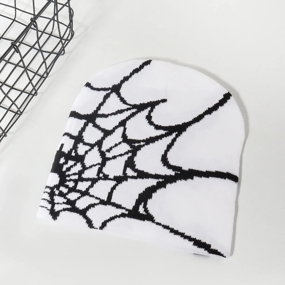 Autumn unisex spiderweb knitted beanie hat, Y2K punk skull cap for women and men in black and white pattern