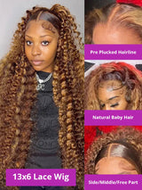 Highlight Brown Wig 13x4 HD Transparent Human Hair Deep Wave Frontal Wig Hd Lace Wigs 30 36 Inch Burmese Curly Wigs P4/27 Colored Water Wave 13x6 Full Lace Wig Wet and Wavy Lace Frontal Wigs Bleached Knot 250% Density ﻿