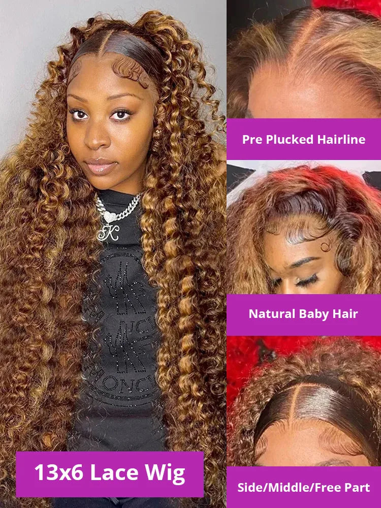 Highlight Brown Wig 13x4 HD Transparent Human Hair Deep Wave Frontal Wig Hd Lace Wigs 30 36 Inch Burmese Curly Wigs P4/27 Colored Water Wave 13x6 Full Lace Wig Wet and Wavy Lace Frontal Wigs Bleached Knot 250% Density ﻿
