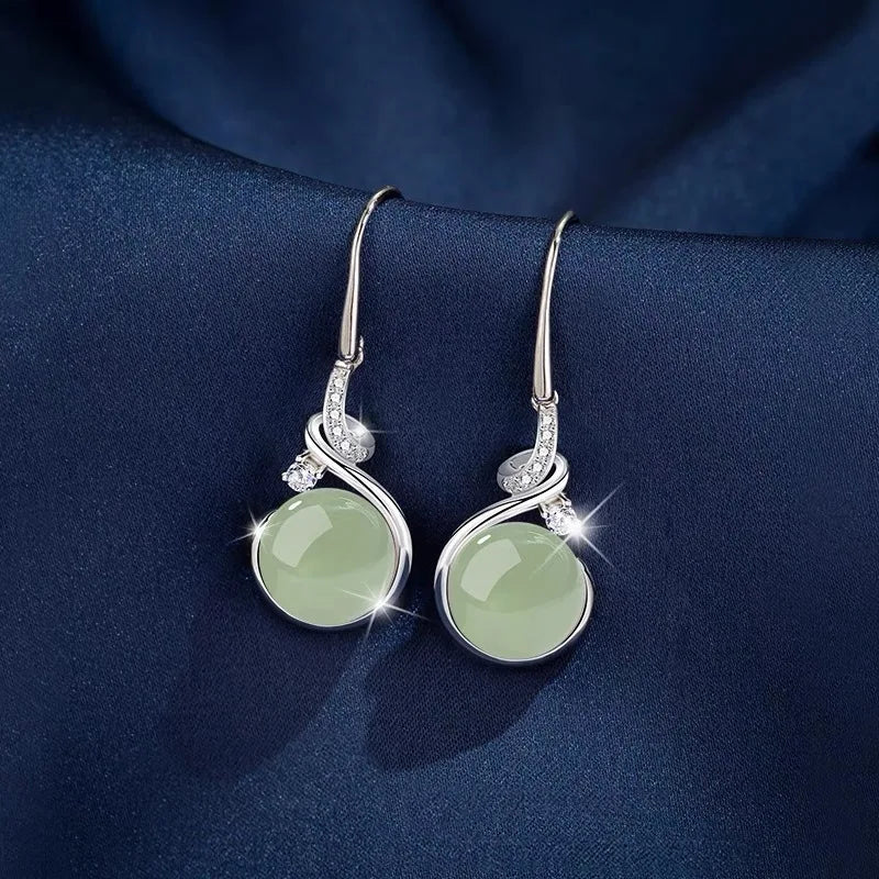 925 sterling silver jade drop earrings for women, elegant jewelry with polished jade stones
