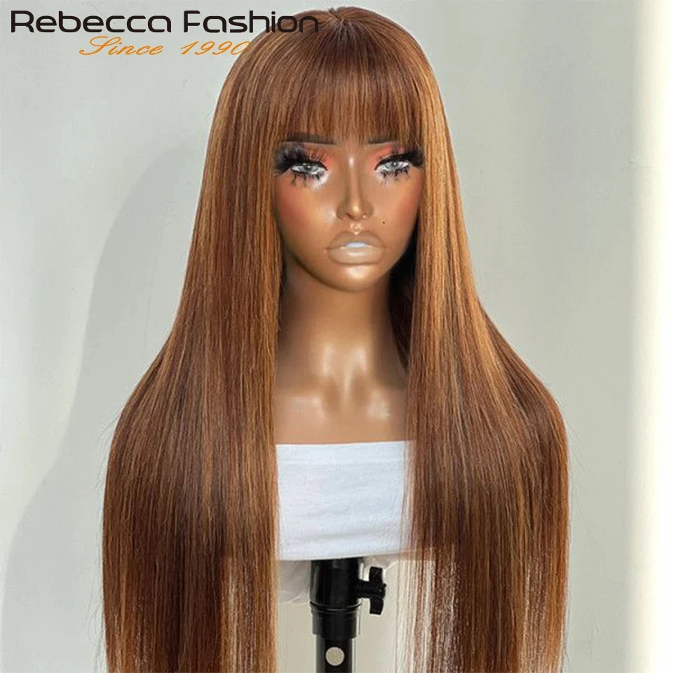 Straight Brazilian human hair wig with bangs, full machine-made, from HSF Marketplace, featuring natural shine and sleek style.