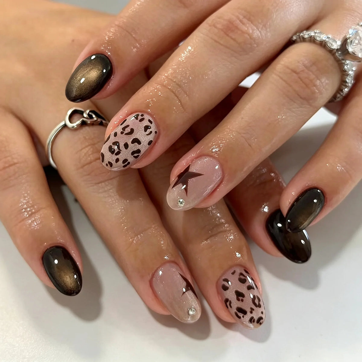 HSF Marketplace brown leopard print cat's eye almond press-on false nail tips, 24-piece set