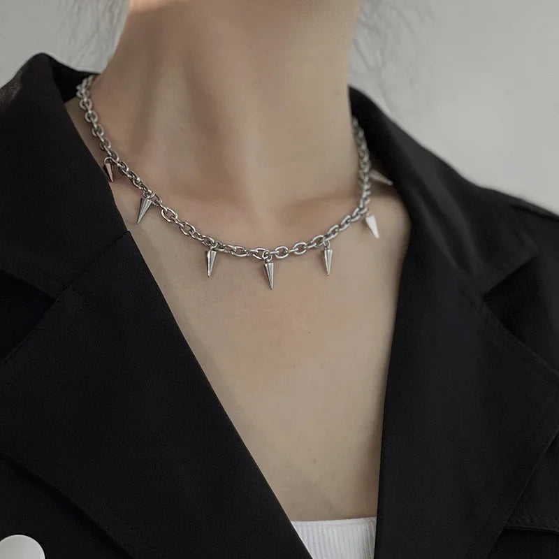 Stainless steel punk aesthetic stud choker necklace with rivet pendant, Gothic jewelry for men and women, hip hop style accessory