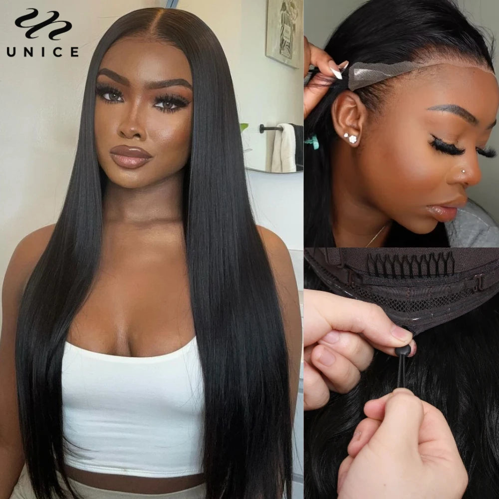Straight human hair lace frontal wig with drawstring and adjustable density.