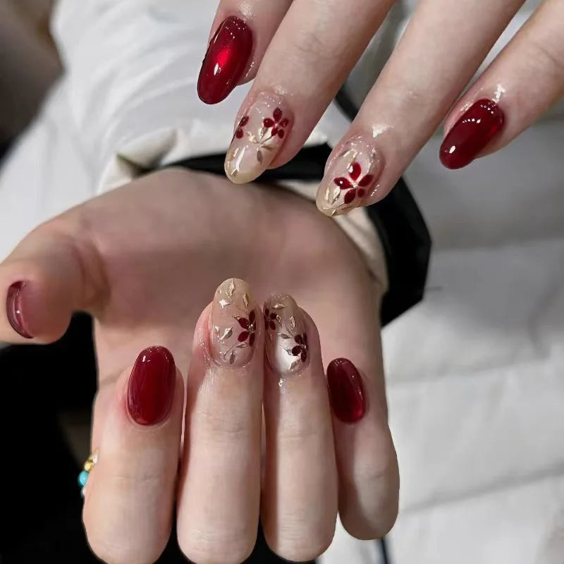 24-piece pink flower almond press-on false nails, kawaii wearable stick-on nail tips by HSF Marketplace