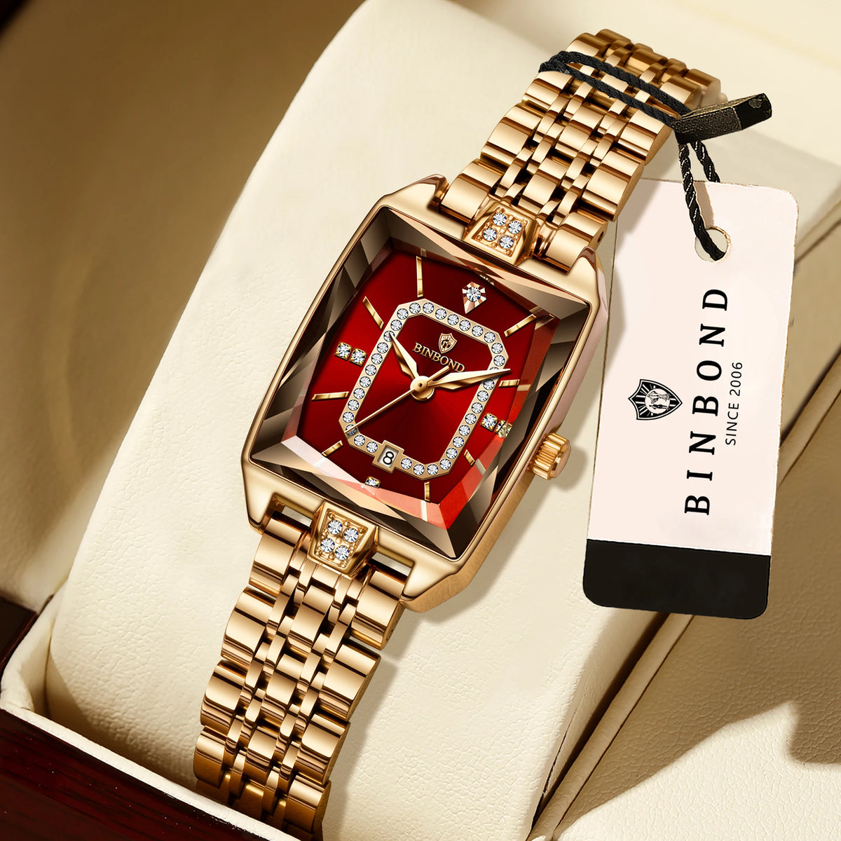 BINBOND Zircon Luxury Reloj Original Waterproof Sturdy Auto Date Women's Watches Ladies Wristwatch Quartz Watch For Women