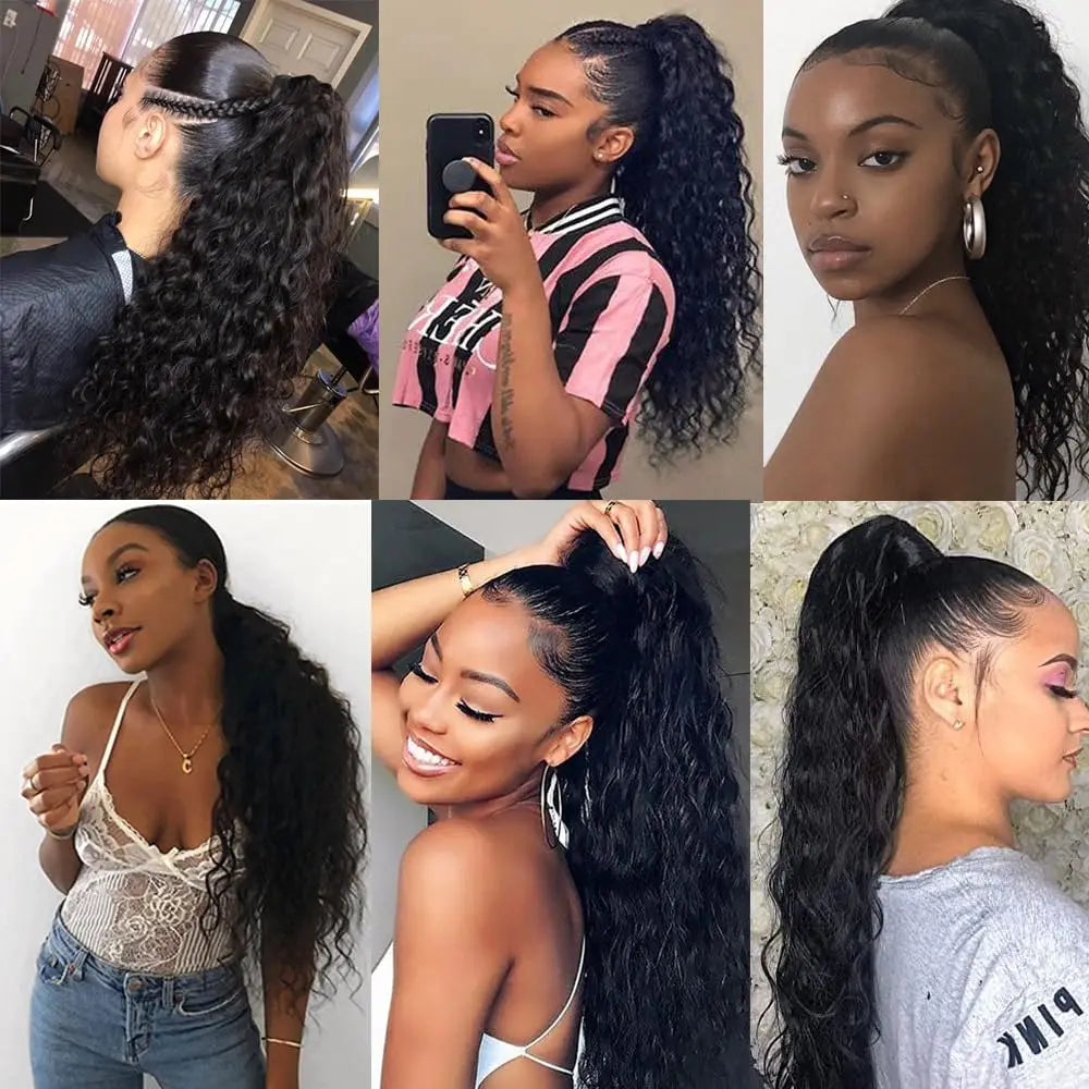 Women’s Clip-In Human Hair Ponytail Extensions 10A Grade Water & Corn Wave, 100% Unprocessed Brazilian Hair, Drawstring Closure