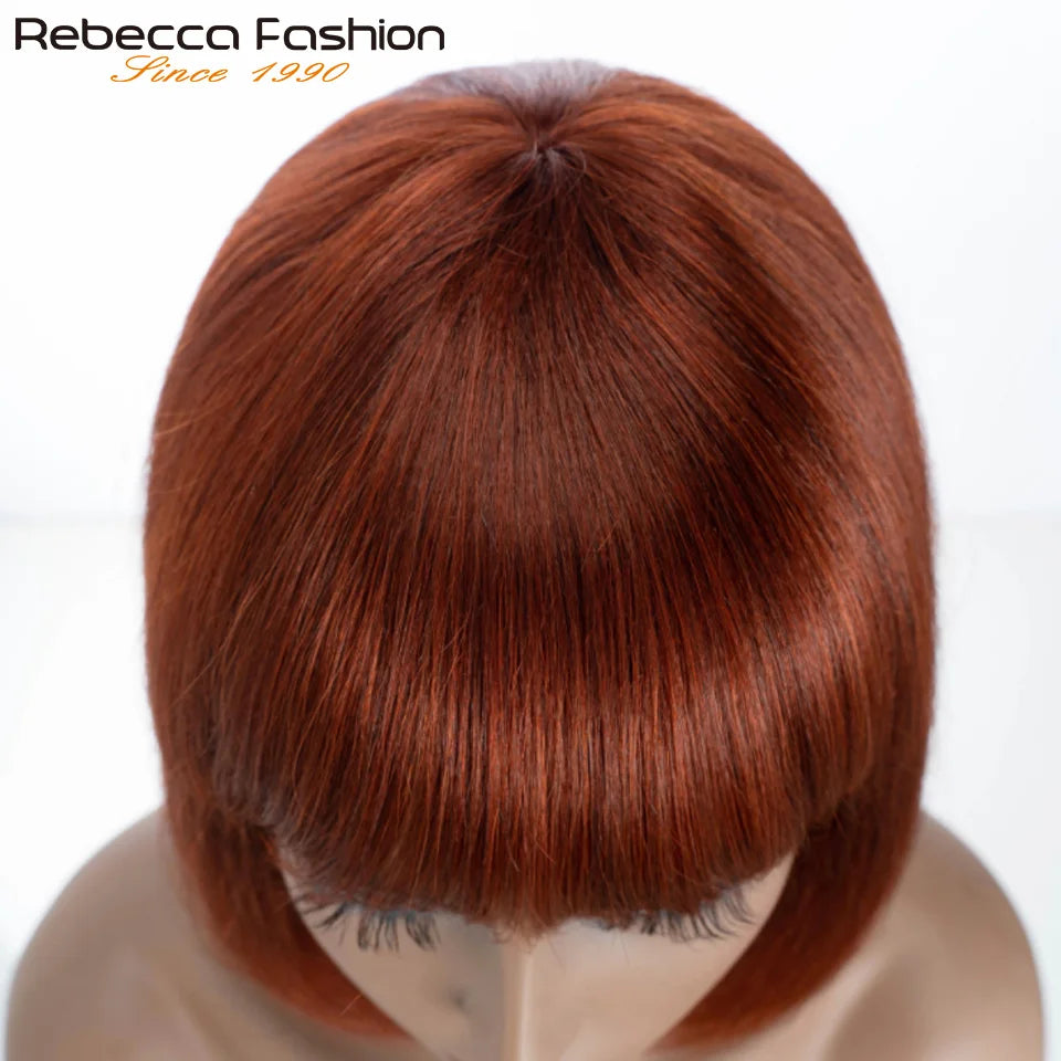 Rebecca short bob wig with bangs, Brazilian straight human hair in mixed 1B/30 color, glueless machine-made wig