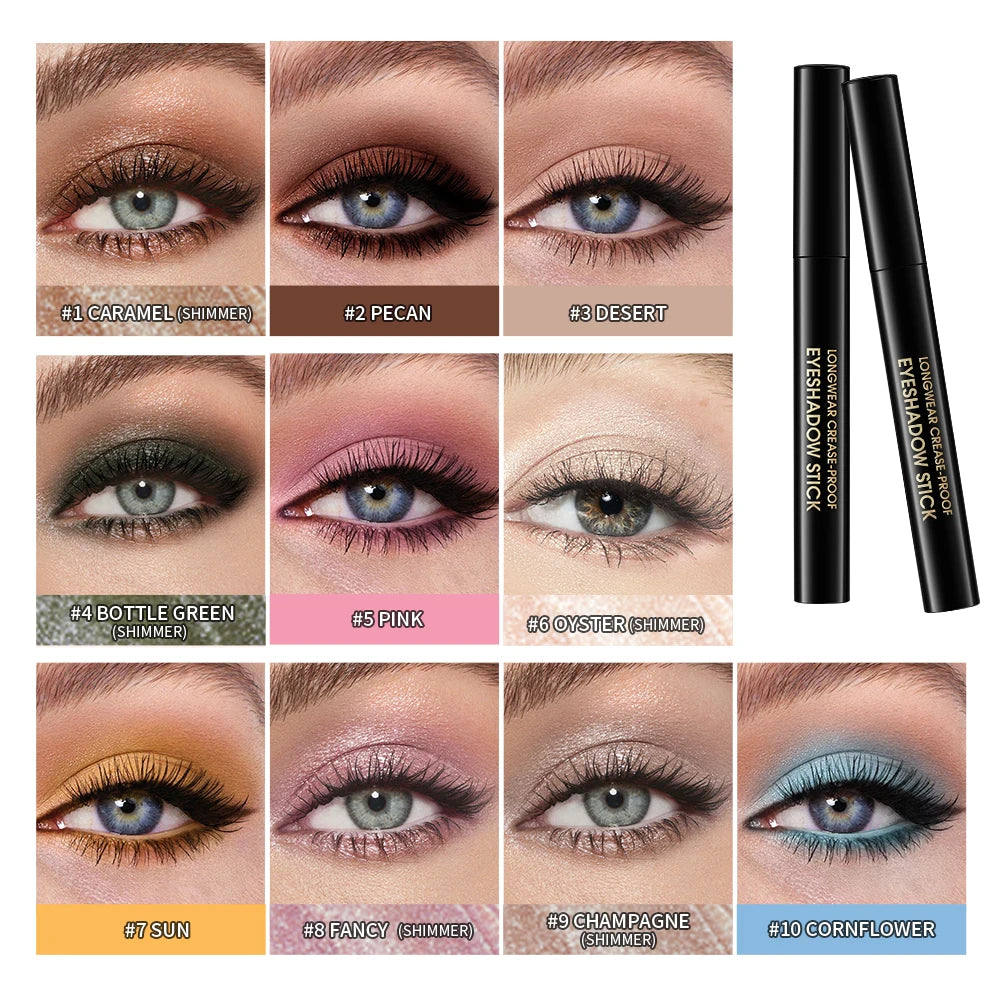 Matte and shimmer waterproof eyeshadow liner stick with metallic glitter finish and highlighter pencil design
