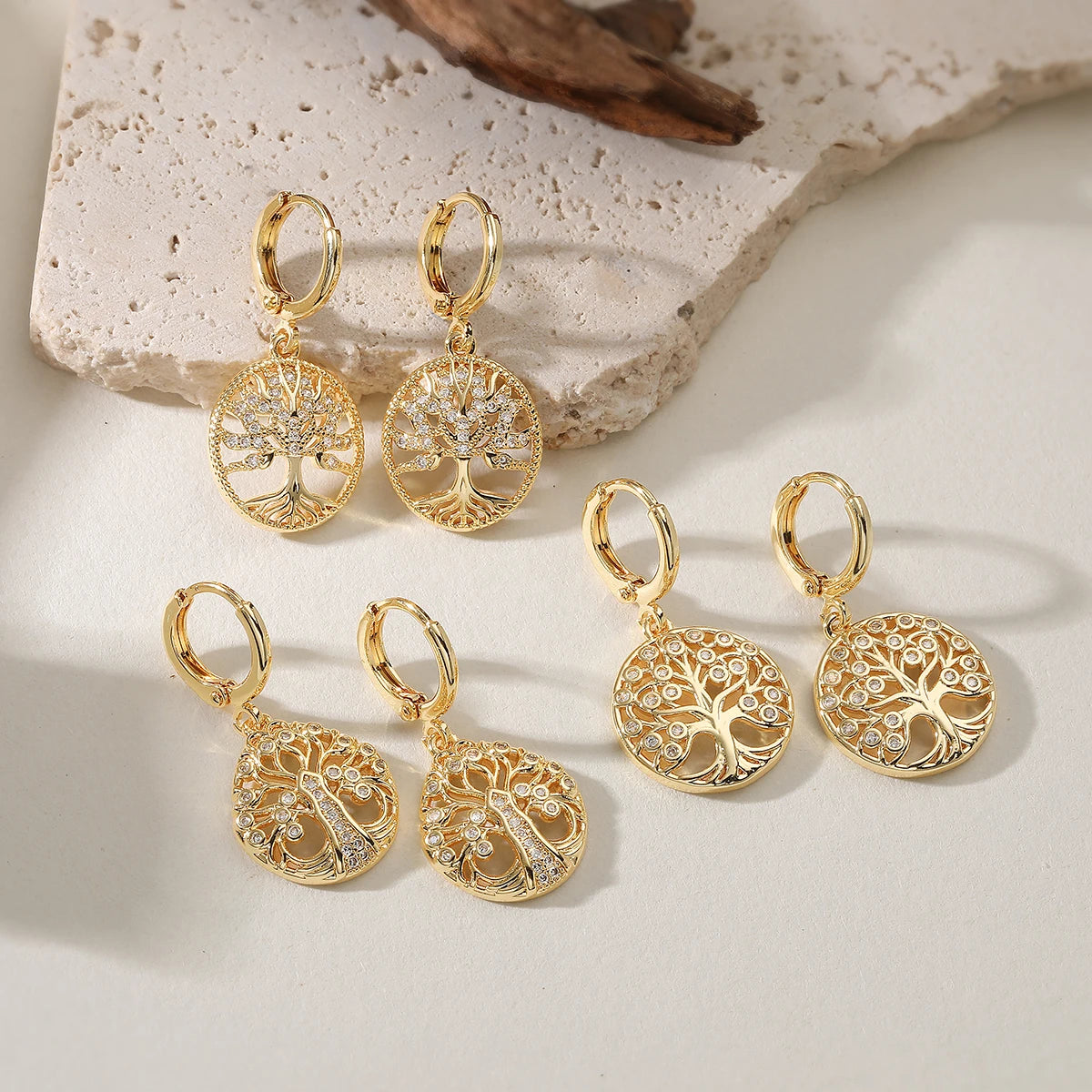 Gold color life tree drop earrings with clear CZ stones for women by HSF Marketplace