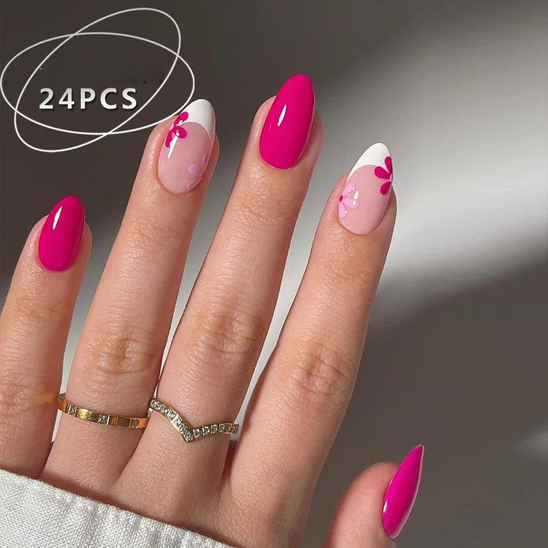 24-piece pink flower almond press-on false nails, kawaii wearable stick-on nail tips by HSF Marketplace