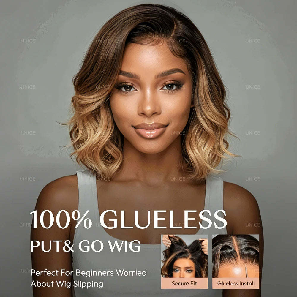 HSC Marketplace brown human hair wig with blonde highlights, wavy bob style, side part, lace front, face-framing layers.