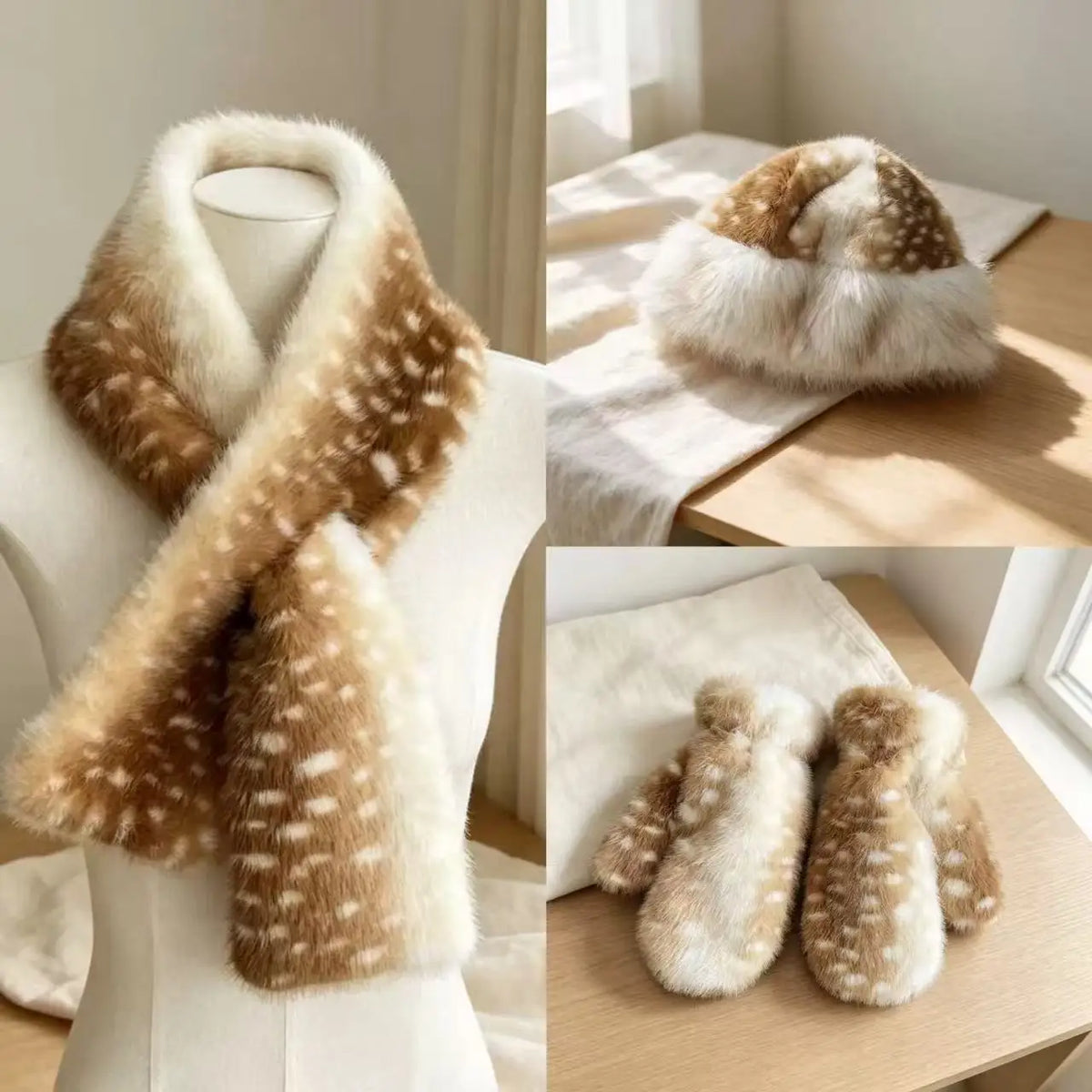 Kawaii deer spots faux fur winter hat, scarf and gloves set by HSF Marketplace