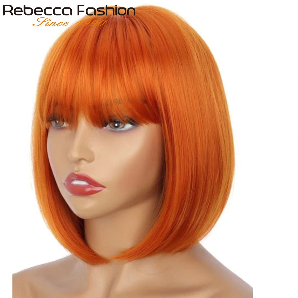 Rebecca short bob human hair wig with bangs, Brazilian straight mixed color 1B/30, glueless machine-made wig