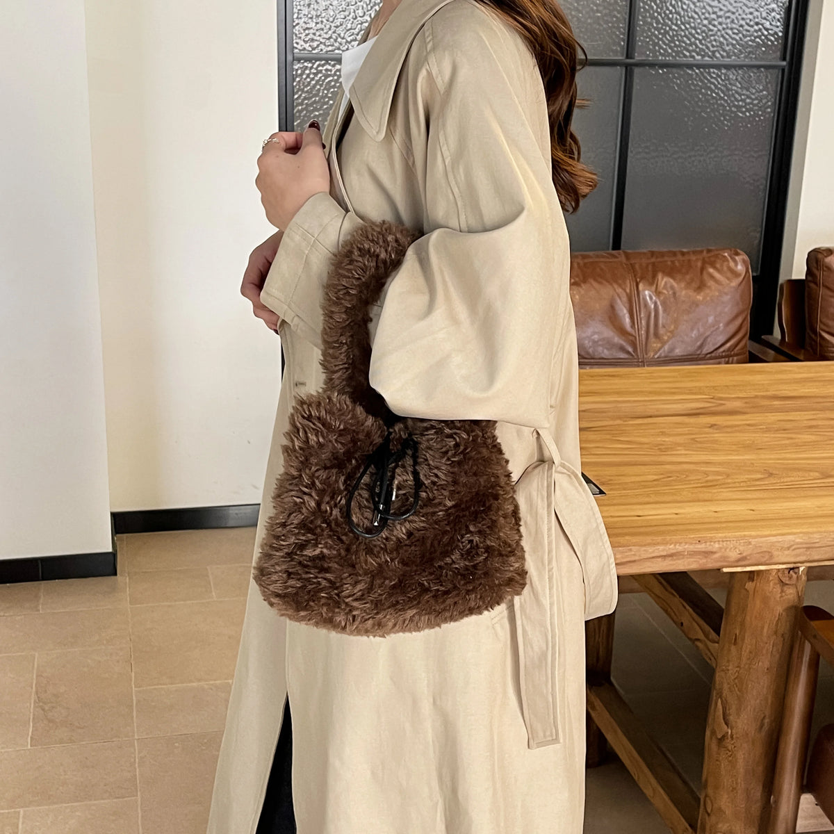 Leftside 2026 winter faux fur small tote bag with curly fluffy fur, drawstring top handle, shoulder bag for women from HSF Marketplace