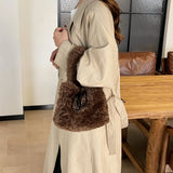 Leftside 2026 winter faux fur small tote bag with curly fluffy fur, drawstring top handle, shoulder bag for women from HSF Marketplace