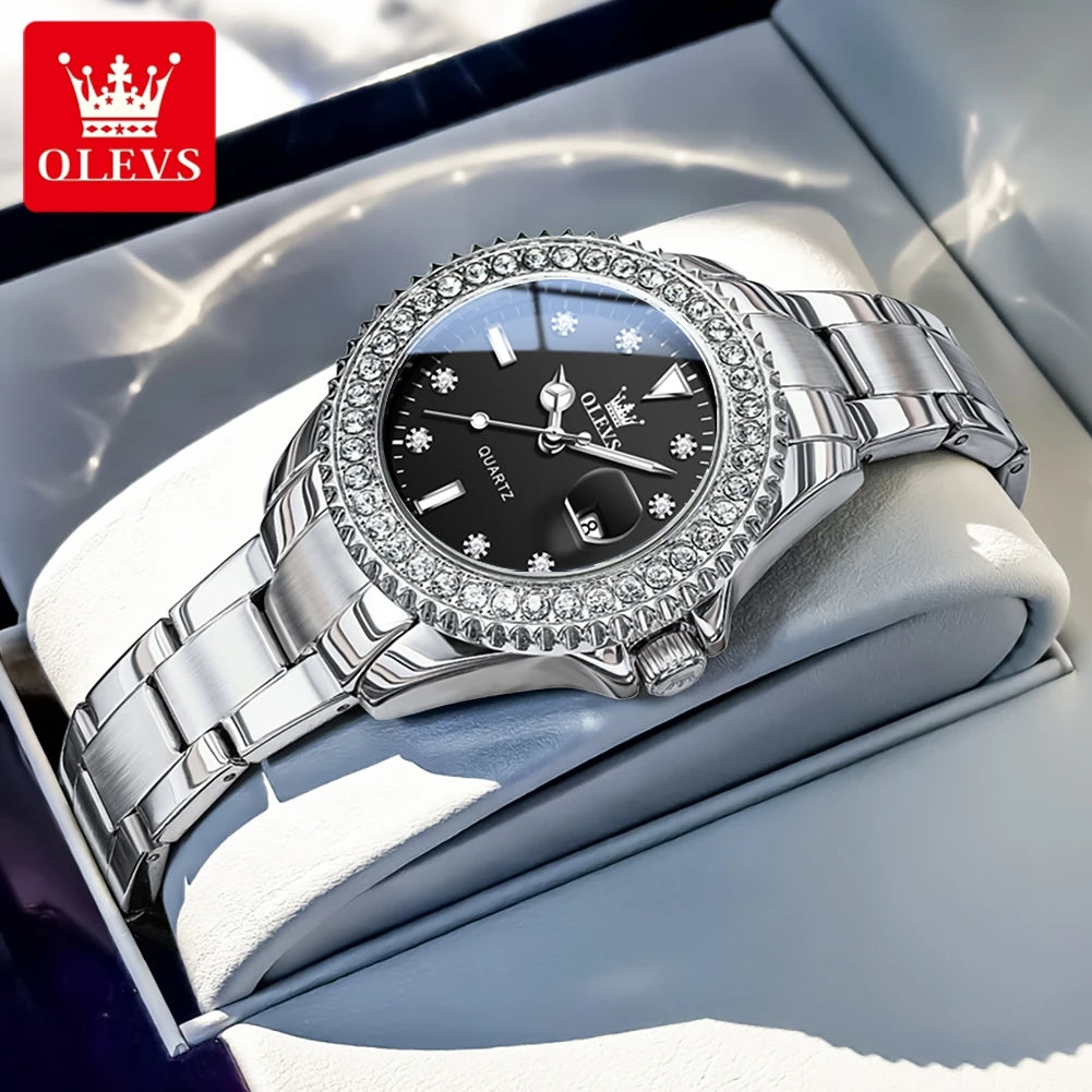 OLEVS 9945 Luxury Women Original Quartz Movement Watch Diamond Scale Stainless Steel Bracelet Luminous Function 30M Waterproof Watch