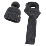 Women's wool knit neck scarf, gloves, and cap winter set in a warm, coordinated design