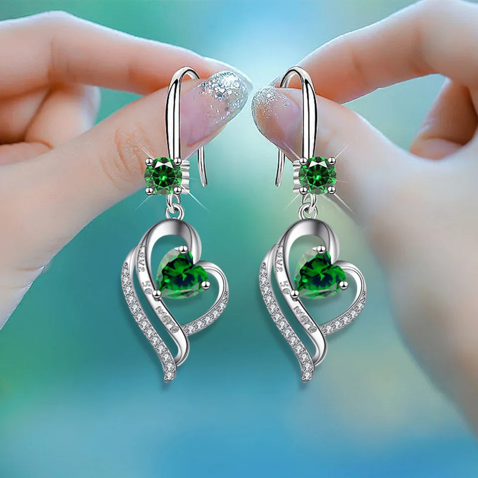 Silver heart drop earrings for women with colorful zircon, HSF Marketplace jewelry