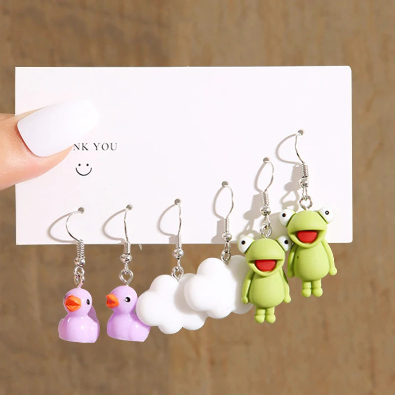 Cute cartoon duck dangle earrings set featuring yellow duck charms for trendy girls, by HSF Marketplace