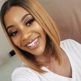 Rebecca Natural Black Bob Lace Front Human Hair Wig with reddish brown highlights, straight Peruvian hair, 13x6 lace part, for women