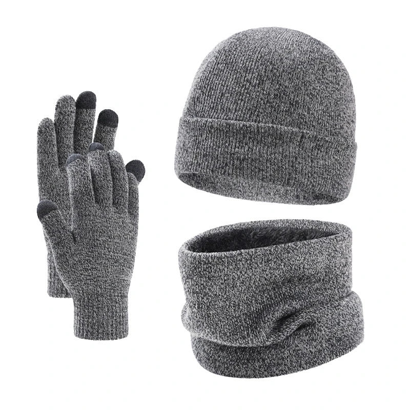 Men's warm knit beanie hat, scarf and gloves set for winter in a coordinated design