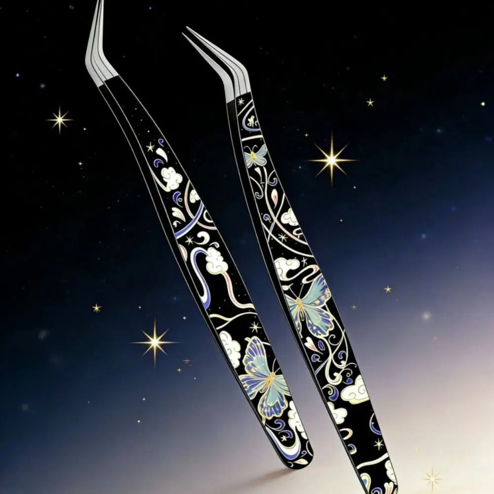 High precision stainless steel eyelash extension tweezers by Sticker Therapy, shown in a sleek metal finish
