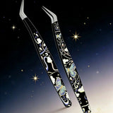 High precision stainless steel eyelash extension tweezers by Sticker Therapy, shown in a sleek metal finish