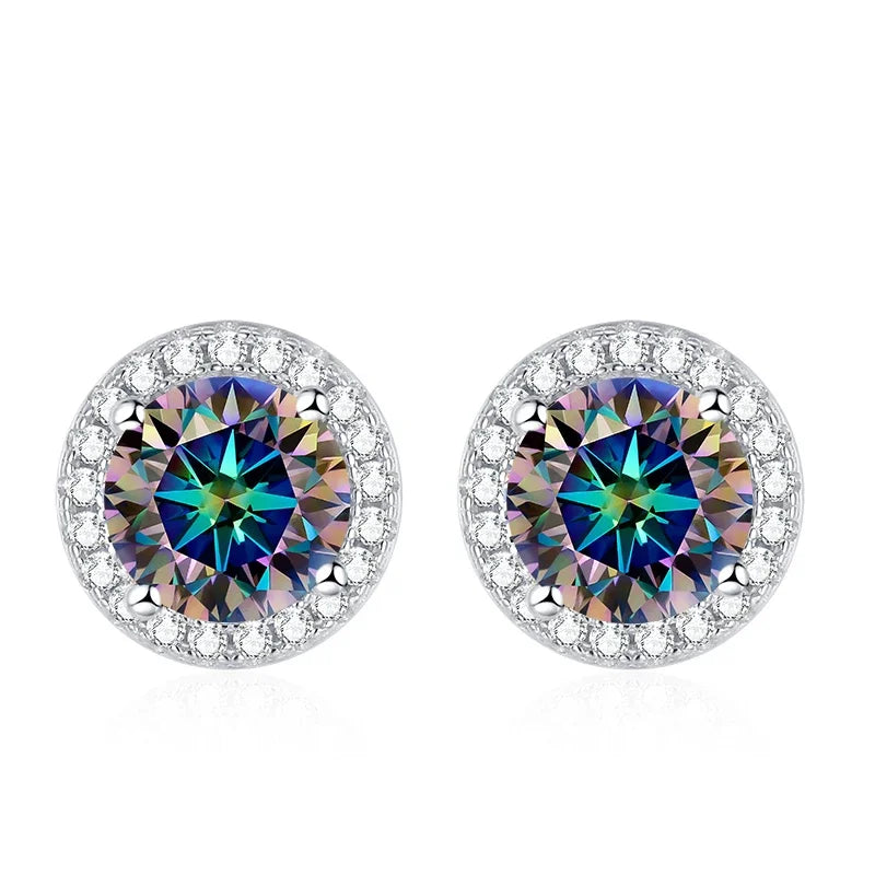Tezzc moissanite stud earrings in 925 sterling silver with sparkling green, blue, pink, red, and black stones