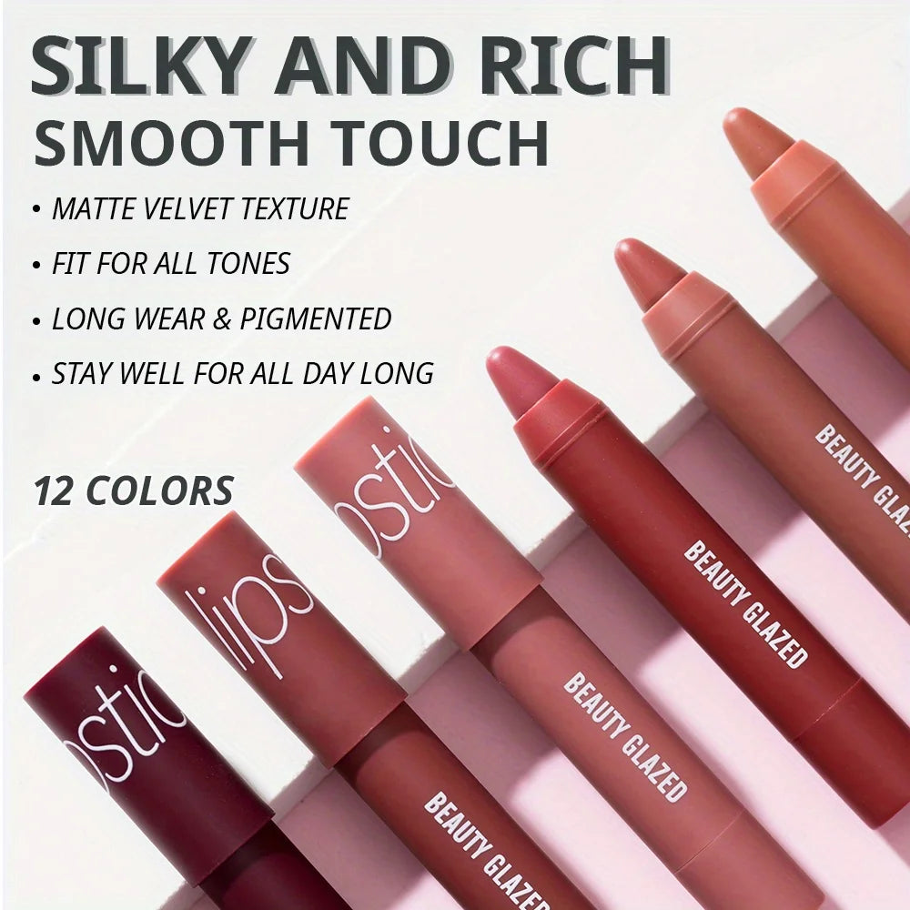 Set of 2 velvet lip liners and matte lipsticks in pink, brown, and red for natural, long-lasting waterproof lip makeup.